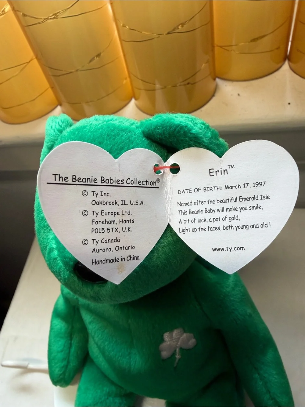 NWT Ty Erin Emerald Green Beanie Baby Bear with Shamrock Detail